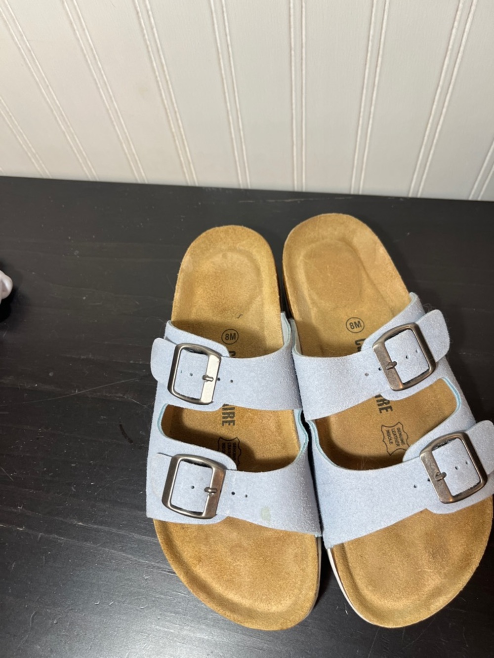 Cushionaire Light Blue Suede Two-Strap Buckle Cork Sandals - Size 8 Medium - Picture 13 of 14